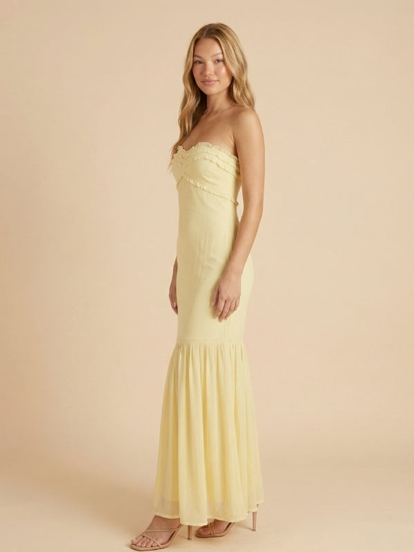 Yellow Chiffon Strapless Sweetheart Sheath Maxi Prom Dress, 26024