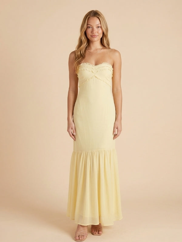 Yellow Chiffon Strapless Sweetheart Sheath Maxi Prom Dress, 26024
