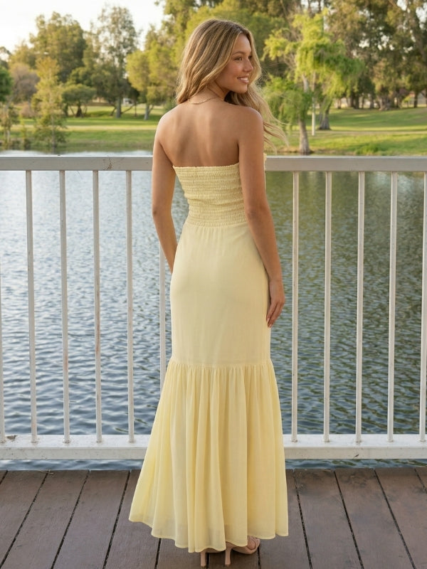 Yellow Chiffon Strapless Sweetheart Sheath Maxi Prom Dress, 26024