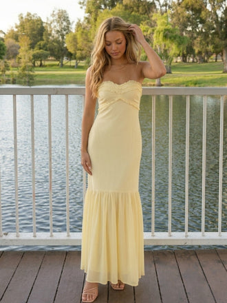 Yellow Chiffon Strapless Sweetheart Sheath Maxi Prom Dress, 26024