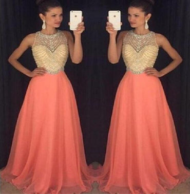 2017 Peach Halter Evening Prom Dresses, Long Beaded Party Prom Dress, Custom Long Prom Dresses, Cheap Formal Prom Dresses, 17068
