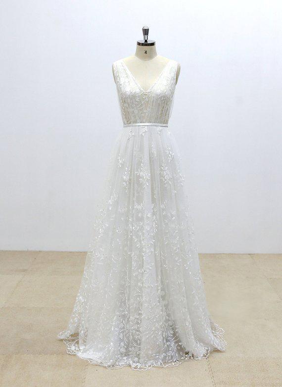 2018 Simple V Neck Lace Cheap A-line Wedding Dresses Online, WD371