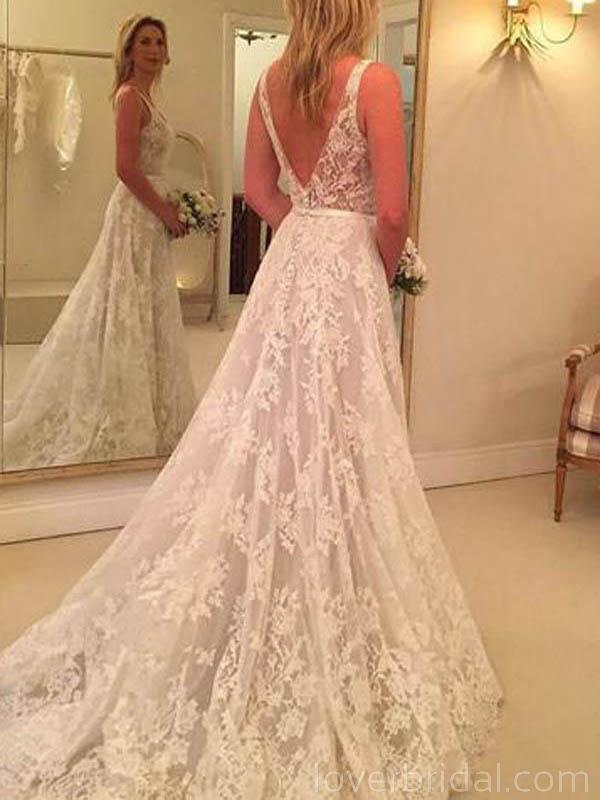 Backless V Neck A-line Lace Cheap Long Wedding Dresses Online, Cheap Bridal Dresses, WD523