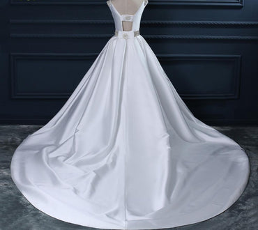 Backless White Scoop Neckline Beaded Sash A line Wedding Bridal Dresses, Affordable Custom Made Wedding Bridal Dresses, WD261