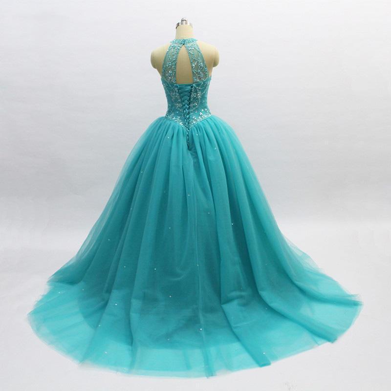 Ball Gown Turquoise Halter Beaded A-line Long Evening Prom Dresses, Cheap Sweet 16 Dresses, 18356