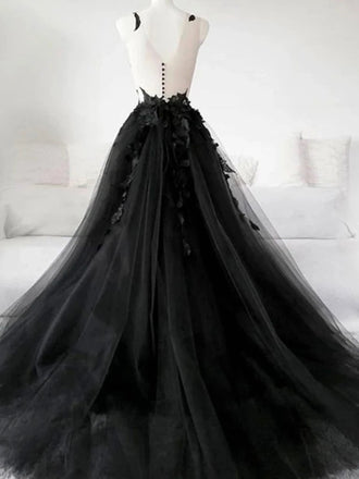 Black A-line Spaghetti Straps V-neck Long Prom Dresses Online,12542