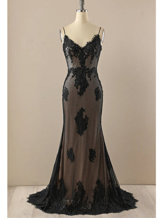 Black Mermaid Spaghetti Straps V-neck Cheap Long Prom Dresses,12800