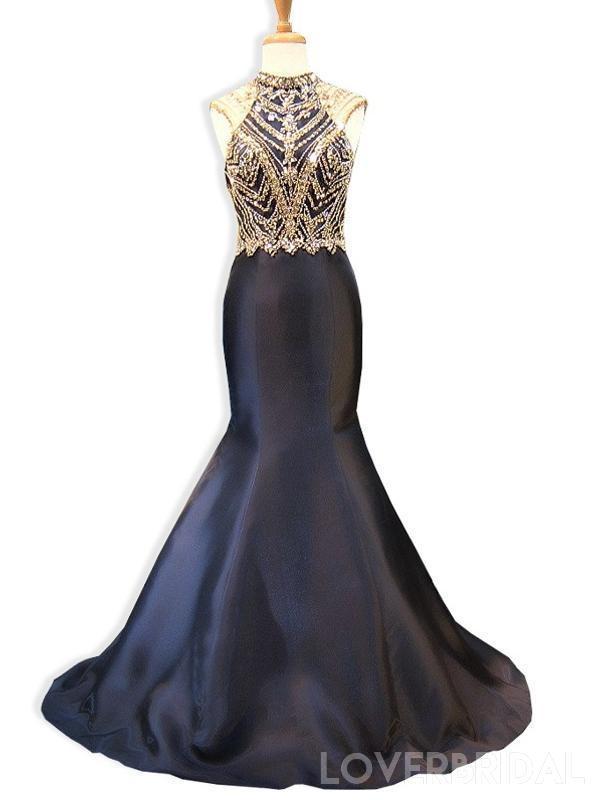 Black Open Back Beaded Mermaid Long Evening Prom Dresses, Cheap Custom Sweet 16 Dresses, 18529