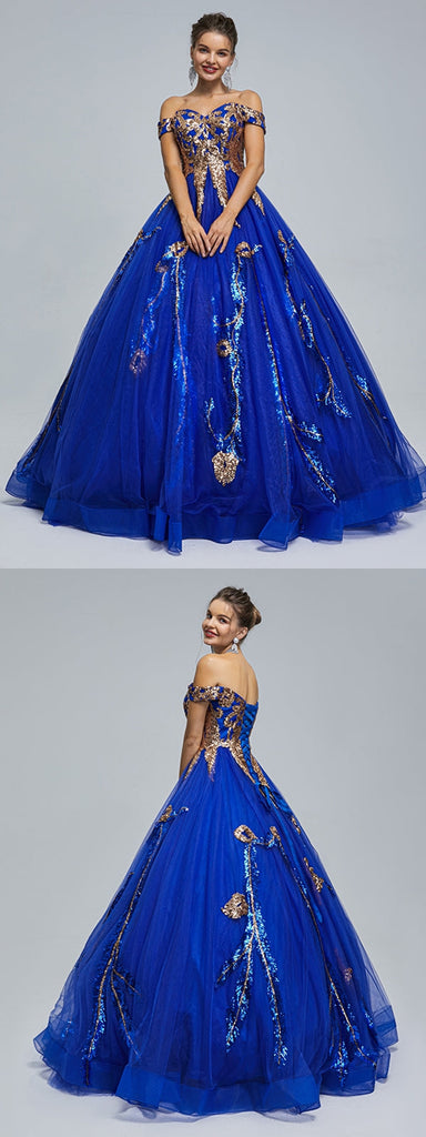 Blue A-line Off Shoulder Sleeveless Cheap Long Prom Dresses Online,12859