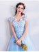 Blue A-line Short Sleeves Jewel Long Prom Dresses Online, Dance Dresses,12608