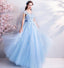 Blue A-line Short Sleeves Jewel Long Prom Dresses Online, Dance Dresses,12608