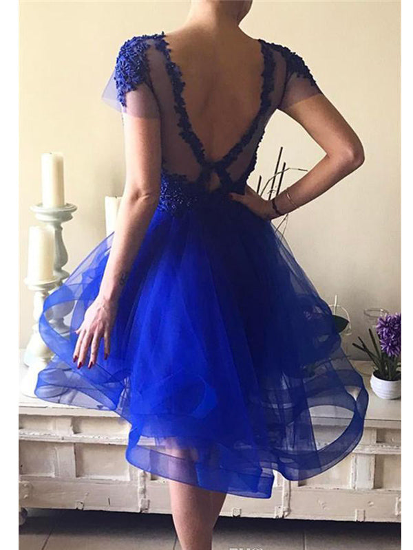 Blue Short Sleeves Jewel Homecoming Dresses,Cheap Short Prom Dresses,CM921
