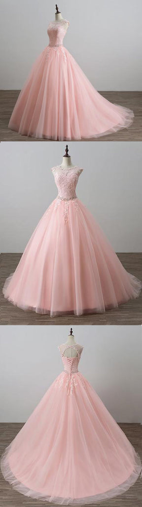 Blush Pink Open Back Lace Illusion A line Skirt Long Evening Prom Dresses, 17555