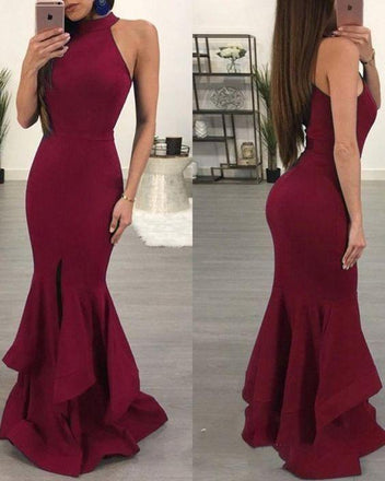 Burgundy Mermaid Halter Sleeveless Cheap Long Prom Dresses Online,12461