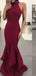 Burgundy Mermaid Halter Sleeveless Cheap Long Prom Dresses Online,12461