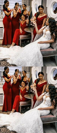 Burgundy Mermaid Off Shoulder Cheap Long Bridesmaid Dresses Online,WG1170