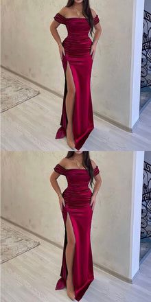 Burgundy Mermaid Off Shoulder Side Slit Cheap Long Bridesmaid Dresses,WG1380