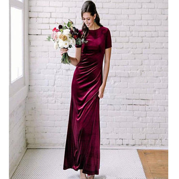 Burgundy Mermaid Short Sleeves Open Back Long Bridesmaid Dresses Online, WG964