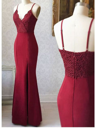 Burgundy Mermaid Spaghetti Straps Cheap Long Prom Dresses,12741