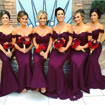 Burgundy Off Shoulder Lace Mermaid Cheap Long Bridesmaid Dresses Online, WG310