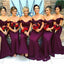 Burgundy Off Shoulder Lace Mermaid Cheap Long Bridesmaid Dresses Online, WG310