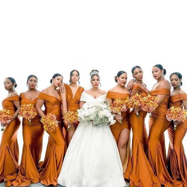 Burnt Orange Mermaid Off Shoulder High Slit Long Bridesmaid Dresses Gown Online,WG940