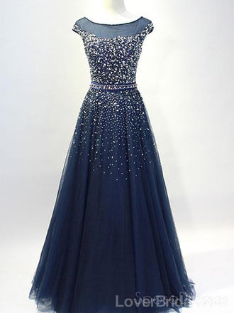 Cap Sleeves Navy Tulle Beaded Long Evening Prom Dresses, Cheap Custom Party Prom Dresses, 18586