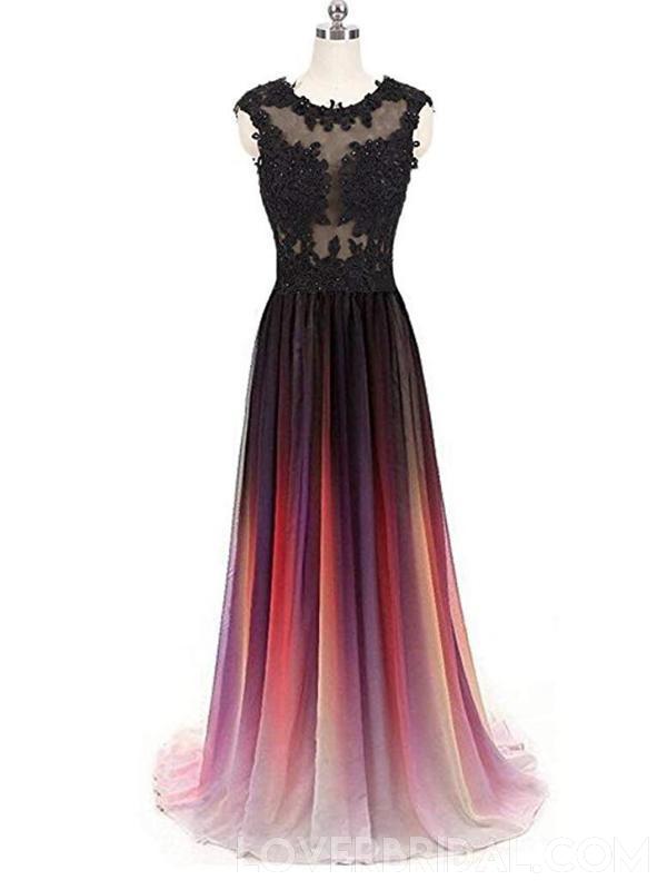 Cap Sleeves See Through Chiffon Ombre Long Evening Prom Dresses, Cheap Sweet 16 Dresses, 18397