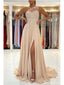 Champagne A-line One Shoulder High Slit Long Prom Dresses Online,12648