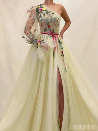 Champagne A-line One Shoulder Long Sleeves Cheap Prom Dresses Online,12612