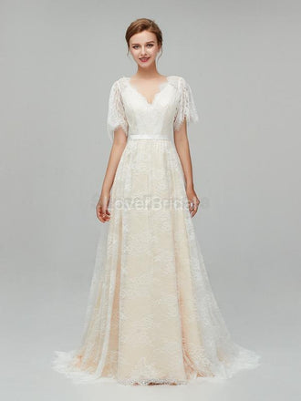 Champagne Short Sleeves Lace A-line Cheap Wedding Dresses Online, Cheap Bridal Dresses, WD561