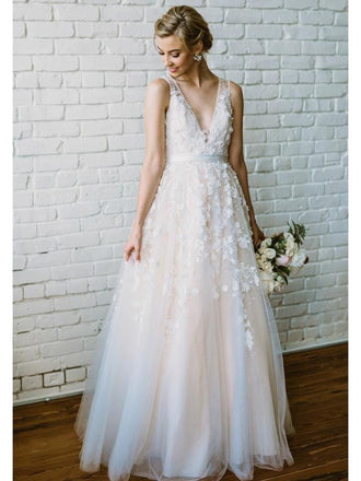 Champagne V Neck Cheap Wedding Dresses Online, Tulle A-line Bridal Dresses, WD436