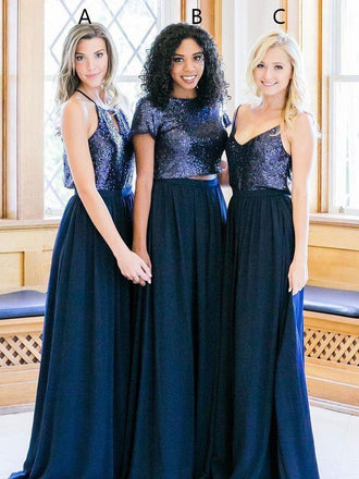 Cheap Mismatched Navy Sequin Custom Long Bridesmaid Dresses, WG232