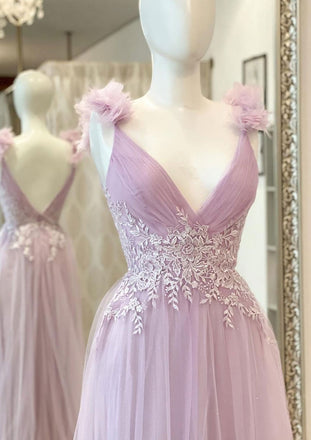 Cute Pink A-line V-neck Cheap Maxi Long Prom Dresses Online,13043