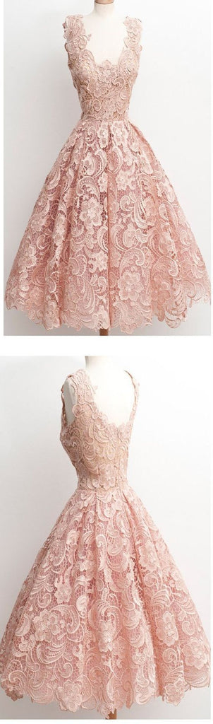 Dark Pink Lace Floral prints Vintage tea length elegant casual homecoming prom dresses,BD00128