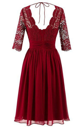 Dark Red Long Sleeve Lace Short Bridesmaid Dresses, Cheap Custom Short Bridesmaid Dresses, Affordable Bridesmaid Gowns, BD024
