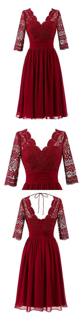 Dark Red Long Sleeve Lace Short Bridesmaid Dresses, Cheap Custom Short Bridesmaid Dresses, Affordable Bridesmaid Gowns, BD024