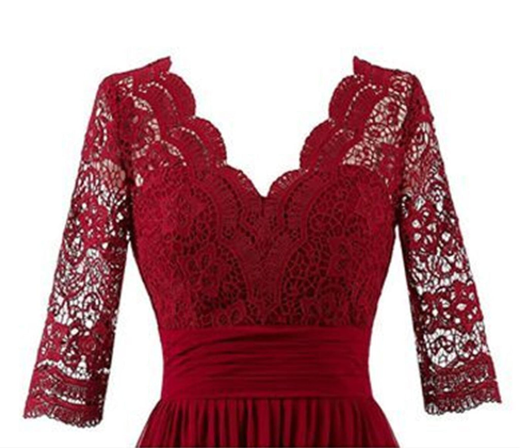 Dark Red Long Sleeve Lace Short Bridesmaid Dresses, Cheap Custom Short Bridesmaid Dresses, Affordable Bridesmaid Gowns, BD024
