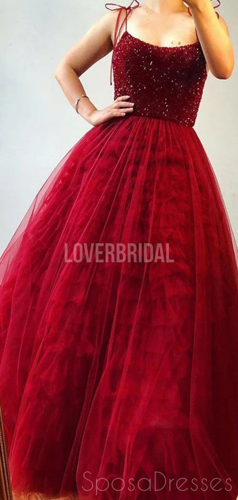 Dark Red Spaghetti Straps Beaded Ruffles Evening Prom Dresses, Evening Party Prom Dresses, 12279