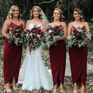 Dark Red Spaghetti Straps Cheap Ankle Length Cheap Bridesmaid Dresses Online, WG677