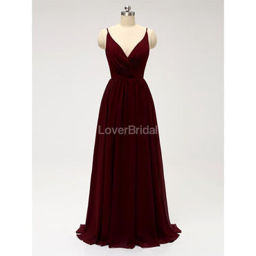 Dark Red Spaghetti Straps Chiffon Open Back Cheap Bridesmaid Dresses Online, WG584