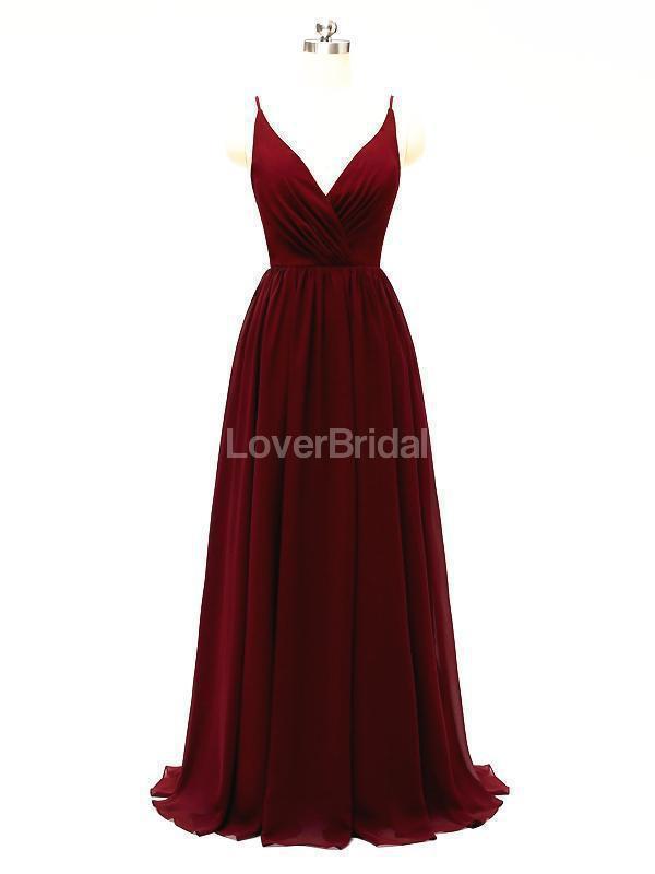 Dark Red Spaghetti Straps Chiffon Open Back Cheap Bridesmaid Dresses Online, WG584
