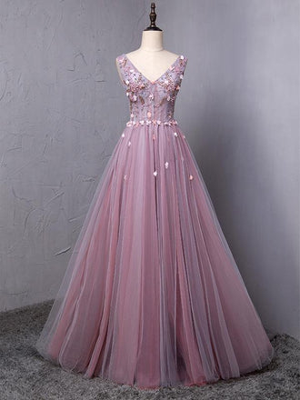 Dusty Purple V Neck A-line Tulle Long Evening Prom Dresses, 17615