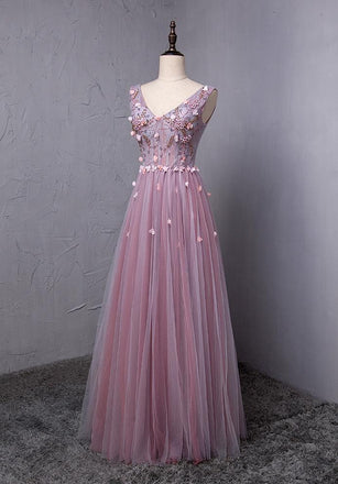 Dusty Purple V Neck A-line Tulle Long Evening Prom Dresses, 17615