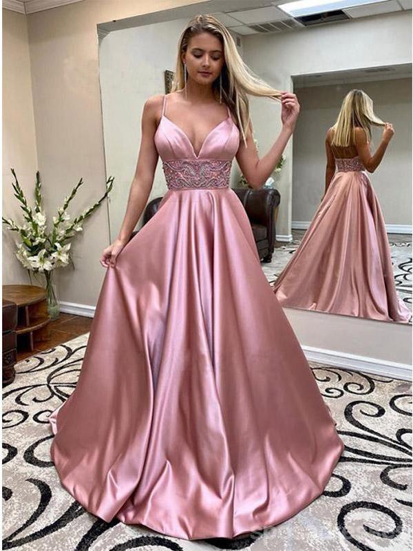 Dusty Rose A-line Spaghetti Straps V-neck Long Prom Dresses Online,12415