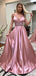 Dusty Rose A-line Spaghetti Straps V-neck Long Prom Dresses Online,12415