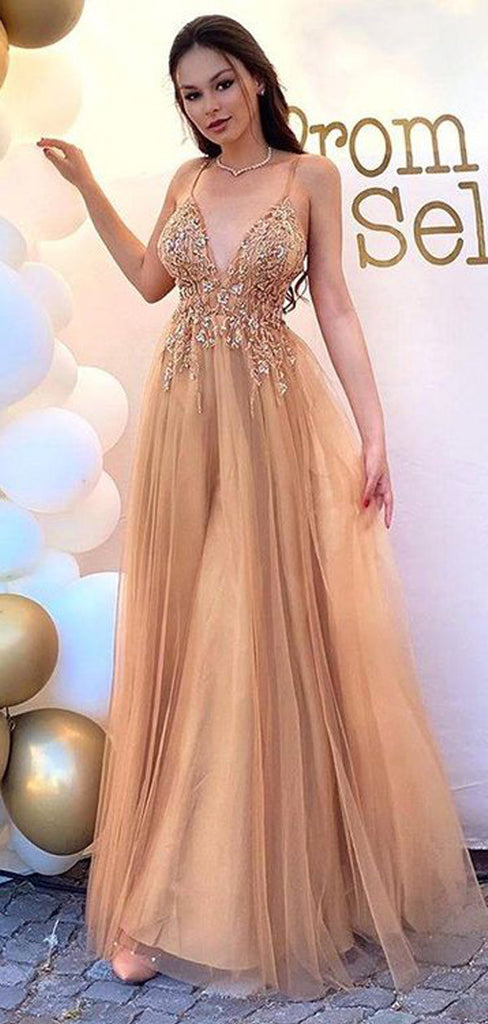 Elegant A-line V-neck Spaghetti Straps Long Prom Dresses,Evening Dresses,12909
