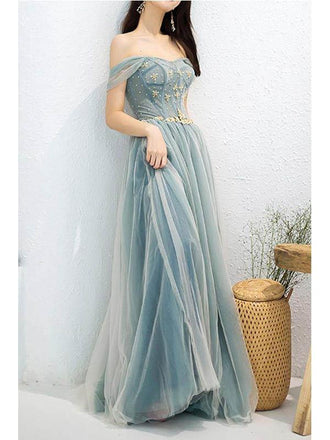 Elegant Blue A-line Off Shoulder Long Prom Dresses Online,Evening Party Dresses,12515