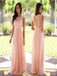 Elegant Lace Floor-Length Applique Blush Pink Long Formal Cheap Chiffon Bridesmaid Dresses, WG35