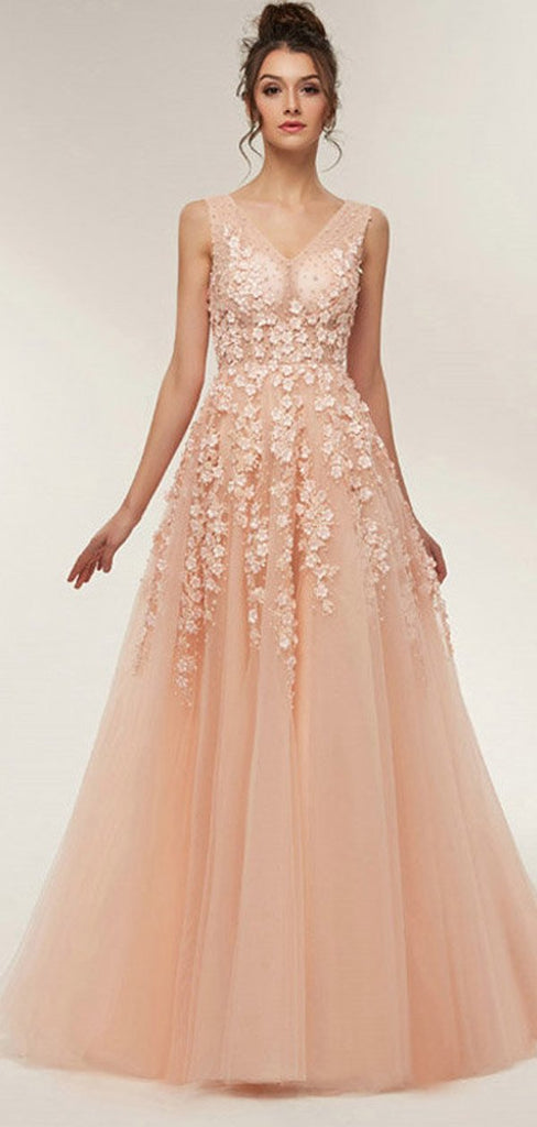Floral Champagne A-Line Jewel Sleeveless Long Prom Dresses Online,Dance Dresses,12444